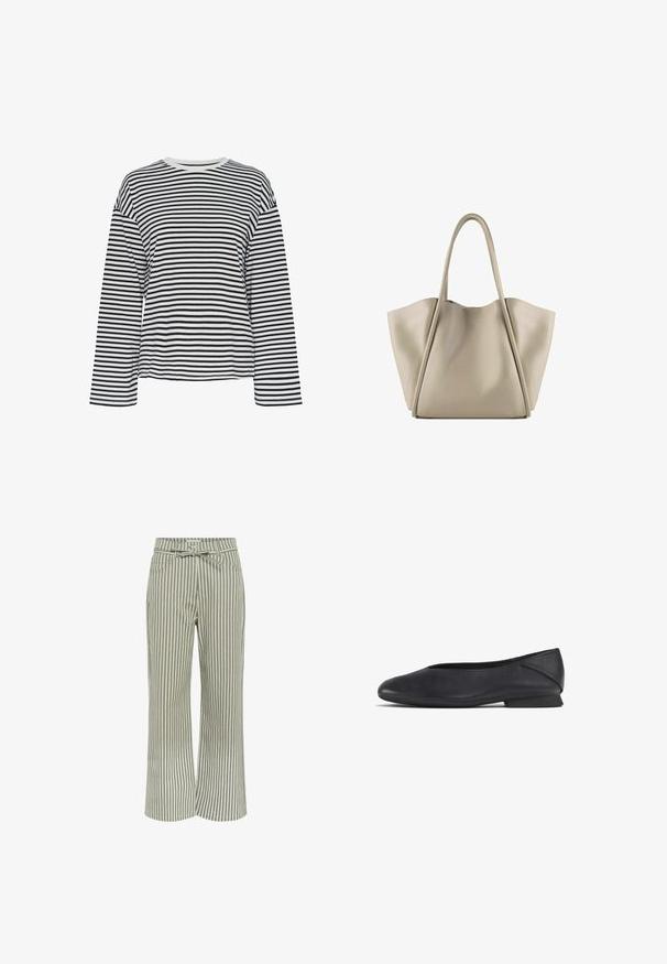Fekete-fehér csíkos hosszúujjú póló, kerek nyakkivágással. Puha anyag, laza fazon, és kontrasztos nyakkivágás díszítések.; Csíkos, széles lábú nadrág zöld és fehér színben, övvel a derekán, két elülső zsebbel és puha anyagú textúrával.; Fekete bőr lapossarkú cipő, kerek orral és alacsony sarkával, amely akár hétköznapi, akár formális viseletre készült.; Beige bőr tote táska tágas, struktúrált dizájnnal. Két hosszú füle van, és finom varrási részletekkel rendelkezik; látható fémalkatrészek nincsenek.