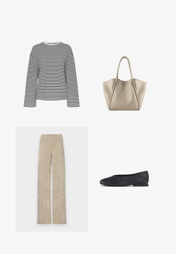 Maglietta a maniche lunghe a righe bianche e nere con scollo a giro. Tessuto morbido, vestibilità comoda e dettagli a contrasto sul colletto.; Pantaloni a vita alta e gamba larga in corduroy beige chiaro, con righe verticali e una texture morbida. Vita piatta per il comfort.; Scarpa piatta nera in pelle con punta arrotondata e tacco basso, progettata per un uso casual o formale.; Borsa tote in pelle beige con un design spazioso e strutturato. Presenta due manici lunghi e cuciture sottili; senza hardware visibile.