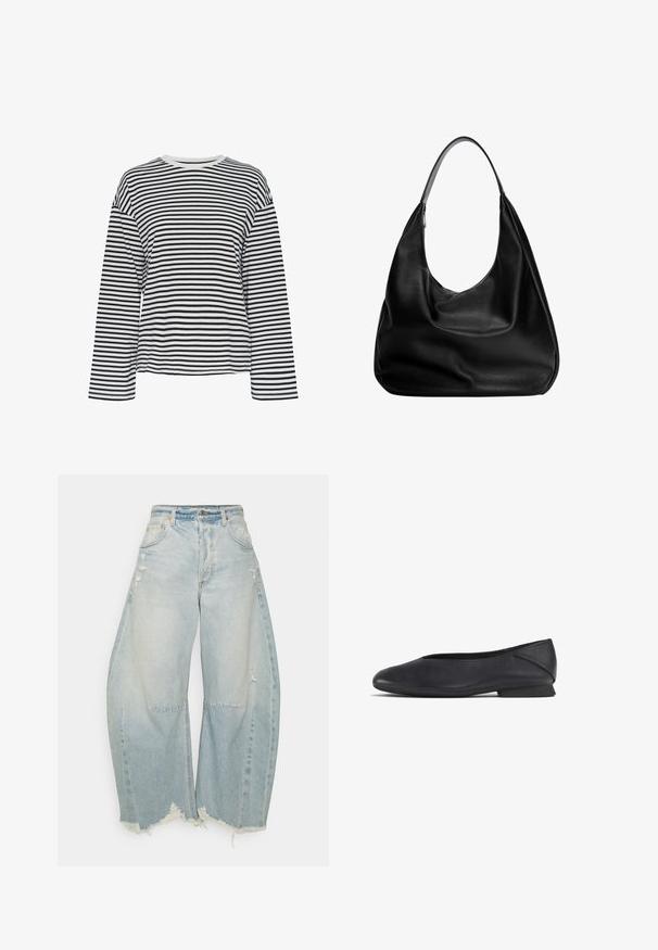 Crno-bijela prugasta košulja dugih rukava s okruglim izrezom. Mekana tkanina, opušteni kroj i kontrastni naglasci na izrezu.; Svijetloplave široke traperice s izblijedjelim pranjem, istrošenim detaljima i razderanim rubom. Sadrži prednje džepove i klasično zatvaranje na gumbe.; Crna kožna ravna cipela s okruglim prstom i niskom petom, dizajnirana za svakodnevno ili formalno nošenje.; Crna kožna hobo torba sa opuštenim dizajnom, širokim naramenicama i glatkom teksturom. Ima jedan zatvarač s jedne strane.