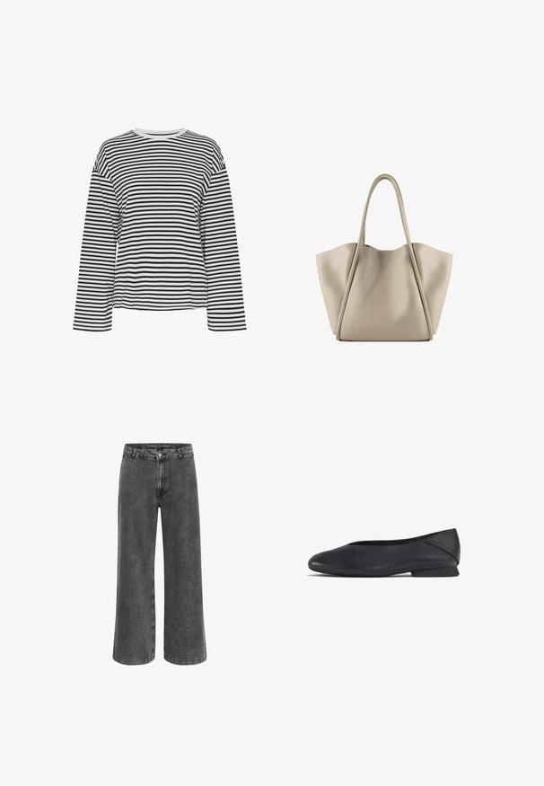 Black and white striped long-sleeve shirt with a crew neckline. Soft fabric, relaxed fit, and contrasting neckline accents.; Wide-leg trousers in faded black denim, featuring a classic button fly, five-pocket design, and a slightly textured finish.; Black leather flat shoe with rounded toe and low heel, designed for casual or formal wear.; Beige leather tote bag with a spacious, structured design. Features two long handles and subtle stitching details; no visible hardware.