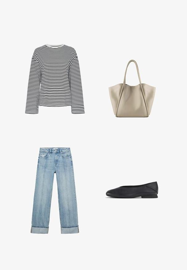 Crno-bijela prugasta košulja dugih rukava s okruglim izrezom. Mekana tkanina, opušteni kroj i kontrastni naglasci na izrezu.; Svijetloplave traper široke hlače s visokim strukom, s pet džepova, vidljivim šavovima i okrenutim rubovima na manžetama.; Crna kožna ravna cipela s okruglim prstom i niskom petom, dizajnirana za svakodnevno ili formalno nošenje.; Bež kožna torba s dovoljno prostora i strukturiranim dizajnom. Ima dva dugačka ručka i suptilne detalje šivanja; bez vidljivih metalnih dijelova.