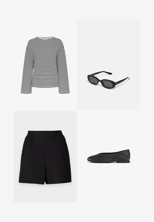 Juoda ir balta dryžuota ilgomis rankovėmis marškinėliai su apvalia iškirpte. Minkšta medžiaga, laisvas kirpimas ir kontrastingi iškirptės akcentai.; Juodi šortai su tekstūruotu audiniu, elastinga juosmeniu ir tiesiu siluetu. Išsiskiria švaria dizaino linija be papildomų akcentų ar raštų.; Juodas odinis plokščias batelis su apvaliu nosiu ir žemu kulnu, skirtas kasdieniam ar oficialiam dėvėjimui.; Juodos saulės akiniai su ovaliais lęšiais, blizgiai plastikinis rėmas ir plonos kojelės. Šone matomas balta Ray-Ban logo.; Šviesiai ruda odinė rankinė su erdviu, struktūruotu dizainu. Yra dvi ilgos rankenos ir subtilus siuvinėjimas; matomos aparatūros nėra.