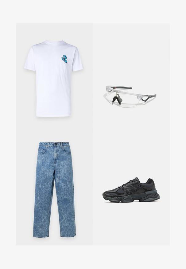 T-shirt en coton blanc avec un graphique représentant une main de monstre bleue sur la poitrine gauche. Design simple à col rond et à manches courtes.; Jeans en denim bleu délavé avec une coupe droite, fermeture à bouton à l'avant, passants de ceinture et style à cinq poches.; Chaussure de course noire mettant en avant un mélange de mesh et de matériaux synthétiques, avec une semelle épaisse, un design arrondi et un logo bien visible sur le côté.; Lunettes de sécurité transparentes avec une monture légère et transparente, et des accents gris. Dotées d'un design enveloppant et d'un nez ajustable.