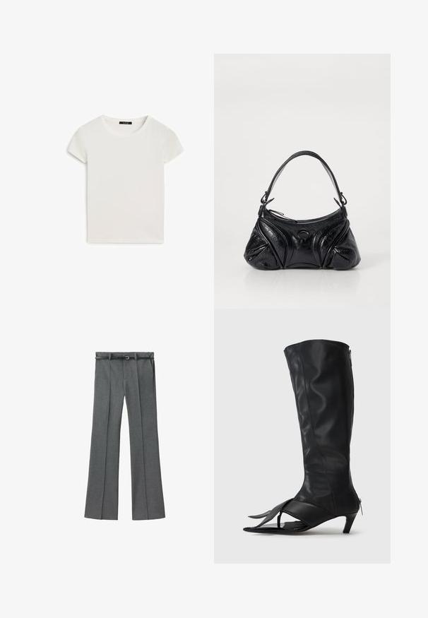 Vit kortärmad t-shirt med rund halsringning, tillverkad av mjukt bomullstyg, med en slät yta och en enkel design.; Grå skräddarsydda byxor med rak bendesign, lättviktsmaterial, bälteshällor och ett smalt bälte med en silverfärgad spänne.; Svarta läderknästövlar med öppen tå och häl, med en avsmalnande klack och sidodragkedja för enkel påtagning. Slät yta och elegant design.; Svart handväska i texturerat läder med rundad form. Har en tunn axelrem och dekorativa präglade mönster.