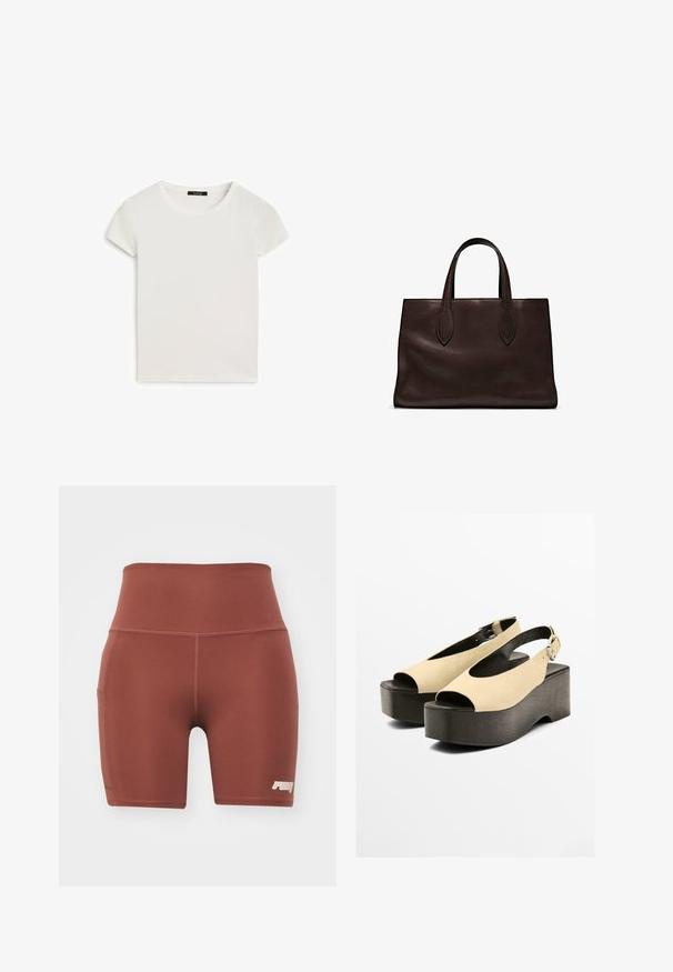 Bílý krátký rukáv tričko s kulatým výstřihem, vyrobené z jemné bavlněné tkaniny, s hladkou strukturou a jednoduchým designem.; Hnědé sportovní šortky s vysokým pasem, vyrobené z hladkého materiálu. Mají boční kapsu a malé logo v pravém dolním rohu.; Béžové semišové platformové sandály s otevřenou špičkou, s páskem přes patu, nastavitelnou přezkou a tmavým dřevěným podpatkem.; Hnědá kožená taška přes rameno s dvěma dlouhými uchy, strukturální obdélníkový tvar, hladká textura a jemné švy.