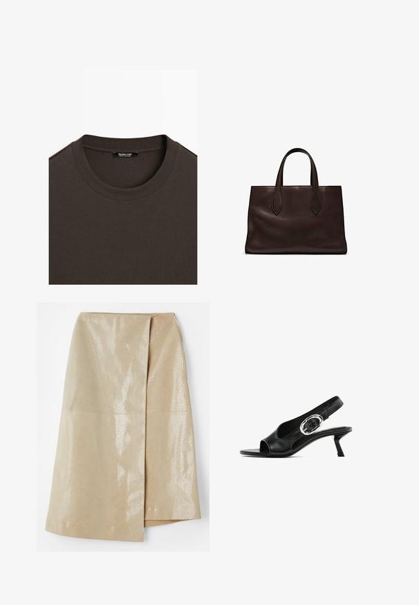 T-shirt en coton brun avec un col rond en côte. Étiquette à l'intérieur indiquant "Massimo Dutti, Fabriqué au Portugal." Texture lisse.; Jupe en simili cuir beige avec un motif serpent texturé et brillant ; dotée d'un design enroulé et d'une fente sur le côté pour plus de détails.; Chaussure slingback en cuir noir avec un bout ouvert, dotée d'une boucle ovale en argent sur la sangle et d'un talon aiguille fin. Texture lisse.; Sac tote en cuir marron avec deux poignées allongées, forme rectangulaire structurée, texture lisse et détails de couture subtils.