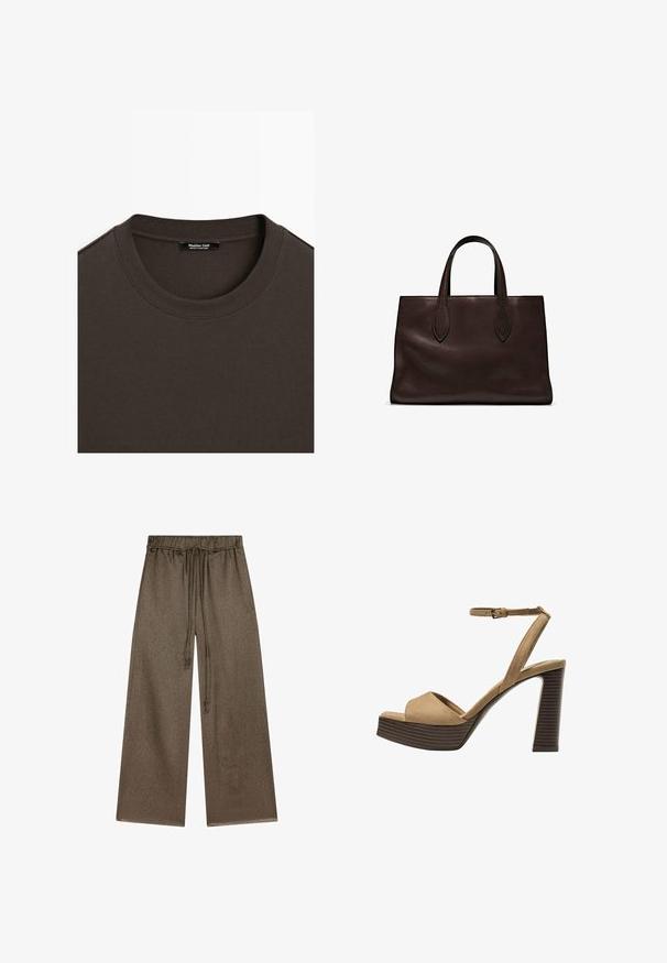 T-shirt a girocollo in cotone marrone con collo a coste. Presenta un'etichetta interna che indica "Massimo Dutti, Made in Portugal." Texture liscia.; Pantaloni a gamba larga in verde oliva, realizzati in un morbido tessuto testurizzato. Presentano una cintura elastica con coulisse e tasche laterali.; Sandali con tacco alto in suede beige, con una larga fascetta anteriore e una fascetta alla caviglia, dotati di un tacco blocco in legno spesso con una finitura testurizzata.; Borsa a spalla in pelle marrone con due manici lunghi, forma rettangolare strutturata, texture liscia e dettagli di cucitura sottili.