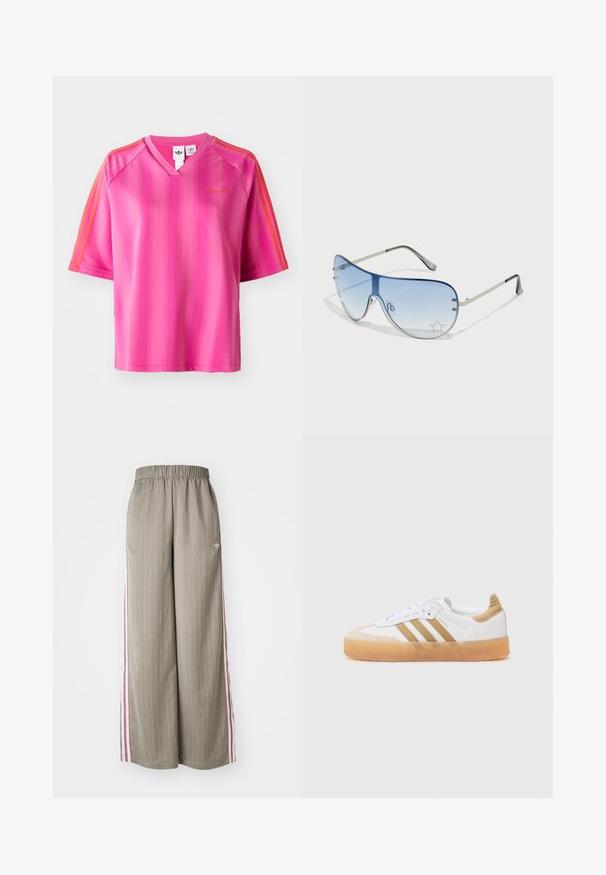 Camisa atlética rosa de mangas curtas com decote em V, apresentando riscas verticais e riscas de destaque laranja nos ombros. Logotipo dourado no peito.; Calças largas verde-azeitona claras com riscas verticais, cintura elástica e riscas laterais rosa. Apresenta um pequeno logótipo no quadril.; Sapatilhas brancas com detalhes bege, apresentando três riscas, bico arredondado e sola de borracha translúcida. Materiais de couro liso e têxtil.; Óculos de sol aviador com lentes azuis em degradê, armação metálica prateada e detalhes decorativos de estrelas nas lentes. Design suave e elegante.