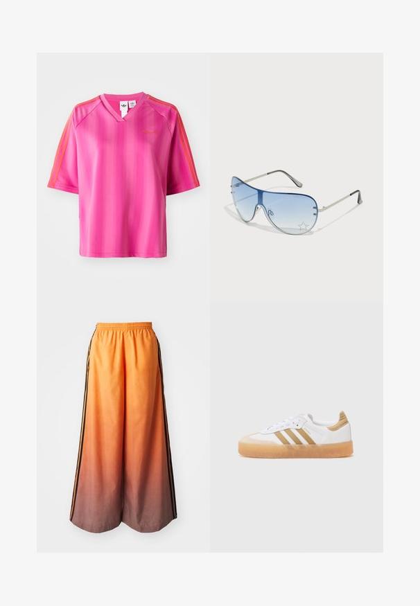 Camisa atlética rosa de mangas curtas com decote em V, apresentando riscas verticais e riscas de destaque laranja nos ombros. Logotipo dourado no peito.; Calças largas em degrade laranja com uma faixa lateral preta, apresentando um cós elástico e material leve.; Sapatilhas brancas com detalhes bege, apresentando três riscas, bico arredondado e sola de borracha translúcida. Materiais de couro liso e têxtil.; Óculos de sol aviador com lentes azuis em degradê, armação metálica prateada e detalhes decorativos de estrelas nas lentes. Design suave e elegante.