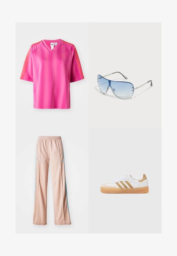 Roosa lühikeste varrukate ja V-kaelusega spordipolood, millel on vertikaalsed triibud ja oranžid aktsenttriibud õlgadel. Kuldne logo rinnal.; Heledad roosa sportpüksid, millel on lõdvem istuvus, sinised küljeribad ja nööriga vöökoht. Valmistatud siledast ja kergest kangast.; Valge tennisekets, millel on beežid aktsendid, kolmerealine mustriga, ümar toe ja läbipaistev kummitald. Sile nahk ja tekstiilmaterjalid.; Aviatori prillid, millel on gradient sinine objektiiv, hõbedane metallraam ja dekoratiivsed staaraktsendid objektiivil. Sujuv ja stiilne disain.