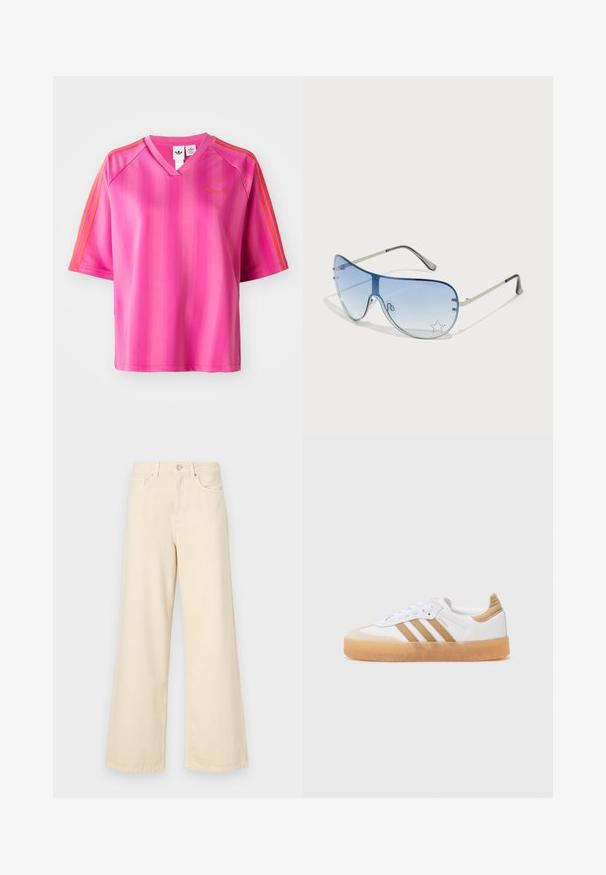 Rozā īsām piedurknēm sporta krekls ar V-veida kakla izgriezumu, ar vertikālām svītrām un oranžiem akcentiem uz pleciem. Zelta logo uz krūšu daļas.; Bežīgas platpēdas džinses, izgatavotas no kokvilnas. Iekļauj pogu aizdari, jostas cilpas un priekšējos kabatas ar gludu, mīkstu tekstūru.; Baltie sporta apavi ar beigžu akcentiem, ar trim svītrām, noapaļota purngala daļa un caurspīdīga gumijas zole. Gluda ādas un tekstila materiālu kombinācija.; Pilotstila saulesbrilles ar gradienta zilām lēcām, sudraba metāla rāmjiem un dekoratīvām zvaigžņu akcentiem uz lēcām. Gluda un eleganta dizaina.