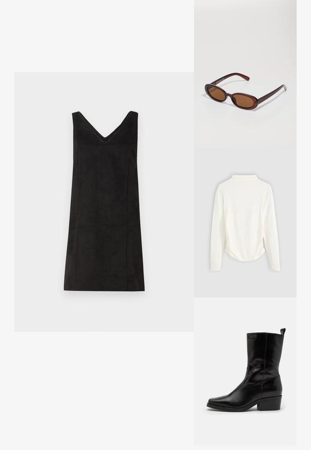 Long-sleeve top in cream-colored fabric, featuring a slight gathering at the sides and a classic collar. Smooth texture, simple design.; Black sleeveless dress with a V-neck, made from a soft material, featuring a straight cut and minimal detailing. Smooth texture.; Black leather ankle boot with a pointed toe, low block heel, and stitched detailing. Features side elastic panels for easy slip-on access.; Round, brown-tinted sunglasses with a glossy burgundy frame. Slim arms with subtle branding detail. Flat lens design.