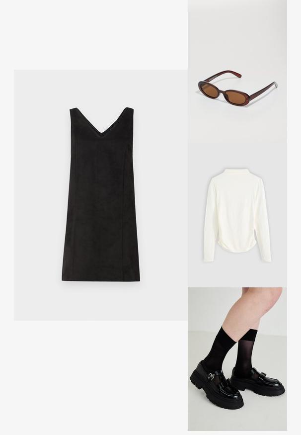 Ilgaapykaklė viršutinė dalis, pagaminta iš krem-color audinio, su nedidelėmis raukšlėmis šonuose ir klasikiniu apykaklės dizainu. Lygi tekstūra, paprastas dizainas.; Juoda be rankovių suknelė su V formos iškirpte, pagaminta iš minkštos medžiagos, turinti tiesų kirpimą ir minimalų dekoravimą. Lygus paviršius.; Juodi lakiškai odiniai batai su masyviais padais, dviem dekoratyvinėmis dirželiais ir sagtimi, derinami su permatomomis juodomis kojinėmis.; APvalūs, rudos spalvos saulės akiniai su blizgia burgundinės spalvos rėmeliu. Plonos šakutės su subtiliu ženklinimu. Lygus objektyvo dizainas.