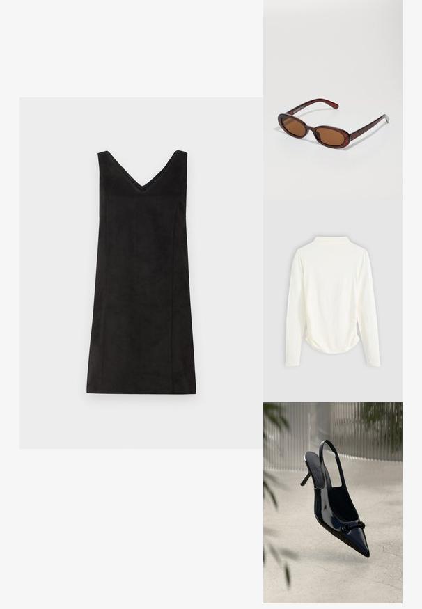 Hosszú ujjú felső krém színű anyagból, enyhe redőzéssel az oldalakon és klasszikus gallérral. Sima textúra, egyszerű kialakítás.; Fekete, ujjatlan ruha V-nyakkal, puha anyagból készült, egyenes szabású, minimalista részletekkel. Sima textúra.; Fekete lakkbőr pántos magassarkú cipő hegyes orral és díszes csattal, egy világos repedezett padló felett felfüggesztve.; Kerek, barna árnyalatú napszemüveg fényes burgundi kerettel. Karcsú karok diszkrét márkázással. Lapos lencse kialakítás.; Szövetelt bordó bőr kézi táska, kerekded formával, vastag fogantyúval és cipzáras nyitással. Simaságot és összefonódott mintázatot mutat.