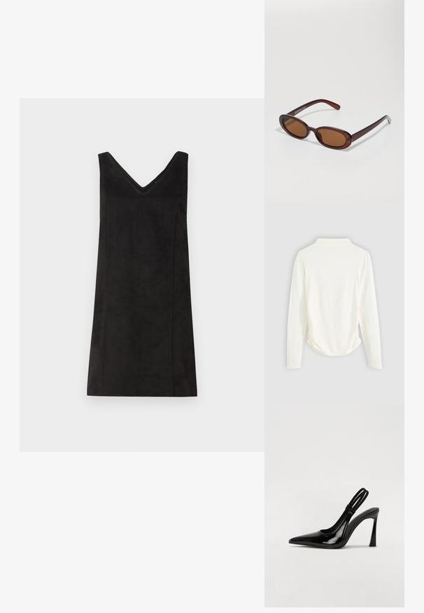 Långärmad topp i krämfärgad tyg, med lätt drapering på sidorna och en klassisk krage. Slät yta, enkel design.; Svart ärmlös klänning med V-ringning, tillverkad av ett mjukt material, med en rak passform och minimal detaljering. Slät textur.; Svart lackläder slingback-pump med spetsig tå, smal hög klack och dubbel elastisk rem för en säker passform. Slät, glänsande yta.; Runda, bruntonade solglasögon med en glansig bordeauxfärgad ram. Smala bågar med subtilt varumärkesdetalj. Platt linsdesign.; Brun vävd läderhandväska med en slapp, triangulär form. Har ett flätat handtag och en dragkedjestängning längs toppen.