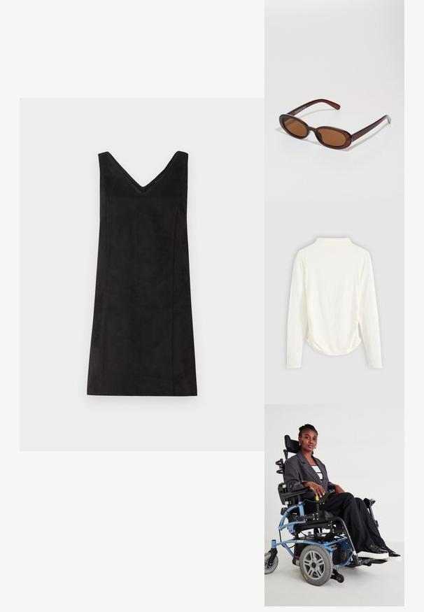 Halenka s dlouhým rukávem v krémové barvě, s mírným řasením po stranách a klasickým límcem. Hladká textura, jednoduchý design.; Černé bezramínkové šaty s výstřihem do V, vyrobené z měkkého materiálu, s rovnými liniemi a minimálním zdobením. Hladká textūra.; Elektrický vozík s modrým rámem, černým sedadlem a šedými koly. Uživatel má na sobě šedý blazer a černé pruhované kalhoty, sedí sebevědomě.; Kulaté sluneční brýle hnědé barvy s lesklým burgundským rámem. Úzké nožičky s jemným logem. Rovné čočky.; Souprava náušnic ve zlatém tónu, která obsahuje tři páry: texturované oválné náušnice, náušnice s vlnitým designem a velké kruhové náušnice s vrstvenými rýhami.