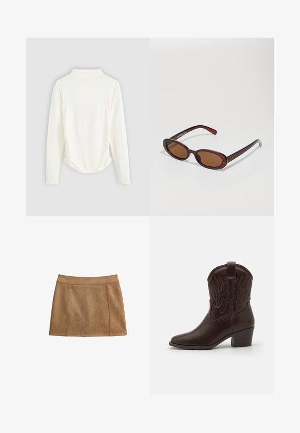 Top de manga larga en tejido color crema, con un ligero fruncido a los lados y un cuello clásico. Textura suave, diseño sencillo.; Falda de ante marrón con una textura suave, forma de A y una cinturilla. Presenta costuras cosidas para un detalle adicional.; Botas de cowboy de cuero marrón con puntas afiladas, patrones de alas en relieve, un tacón bloque de altura media y una tira en la parte trasera.; Gafas de sol redondas con tinte marrón y un marco burdeos brillante. Patillas delgadas con un sutil detalle de marca. Diseño de lentes planos.