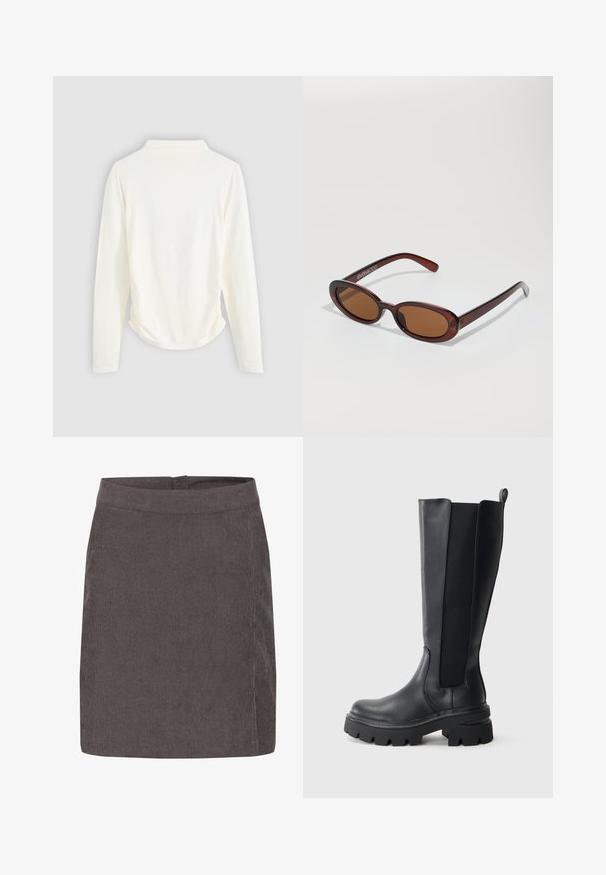 Długi rękaw w kremowym kolorze, z delikatnym marszczeniem po bokach i klasycznym kołnierzykiem. Gładka tekstura, prosty design.; Kaffe - Spódnica trapezowa; Czarne kozaki za kolano z gładkiej skórzanej powierzchni i kontrastującymi elastycznymi panelami bocznymi. Gruba gumowa podeszwa z wyraźnym bieżnikiem.; Okrągłe, brązowe okulary przeciwsłoneczne z błyszczącą bordową oprawą. Cienkie ramiona z subtelnym detalem marki. Płaski kształt soczewek.; Wielokolorowa torba skórzana w kolorze burgundowym, o zaokrąglonym kształcie, z grubym uchwytem i zamknięciem na zamek. Charakteryzuje się gładką teksturą oraz plecionym wzorem.