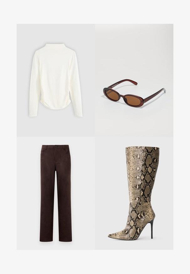 Ilgaapykaklė viršutinė dalis, pagaminta iš krem-color audinio, su nedidelėmis raukšlėmis šonuose ir klasikiniu apykaklės dizainu. Lygi tekstūra, paprastas dizainas.; Tiesios kojų tamsiai rudos suede kelnės su priekyje esančiu mygtuku ir užtrauktuku, diržo kilputėmis ir šoninėmis kišenėmis.; Knee-high stiletto batai su smailiu nosiu ir bežine-juoda gyvačių oda, parodyti iš šono ant paprasto fono.; APvalūs, rudos spalvos saulės akiniai su blizgia burgundinės spalvos rėmeliu. Plonos šakutės su subtiliu ženklinimu. Lygus objektyvo dizainas.; Austis raudonas pintas rankinės su apvalia forma ir viena rankena, kuri turi tekstūruotą paviršių ir elastingą raištelį.