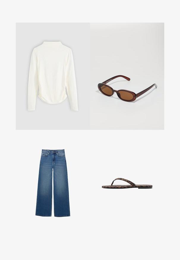Pitkähihainen paita vaaleassa kankaassa, jossa on lievää kerääntymistä sivuilla ja klassinen kaulus. Sujuva rakenne, yksinkertainen muotoilu.; Laivavärvilised laiad teksad, mis on valmistatud denimist, kõrge vöökoha ja õmblustega detailidega ning lihtsa disainiga, millel on kerge pleekimise efekt.; Lähettimellä varustetut leopardikuosiset flip-flop-sandaalit, joissa on tasapohja, ohuet remmit ja sileä pinta. Materiaalissa on rohkeita mustia ja ruskeita kuvioita.; Pyöreät, ruskehtavat aurinkolasit, joissa on kiiltävä burgundinpunainen runko. Kapeat sivut, joissa on hienovarainen brändäys. Litteät linssit.; Ruskean kudottu nahkainen käsilaukku, jolla on löysä, kolmiomainen muoto. Varustettu punotulla kahvalla ja vetoketjukiinnityksellä ylhäällä.