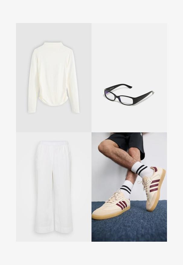 Top de manga larga en tejido color crema, con un ligero fruncido a los lados y un cuello clásico. Textura suave, diseño sencillo.; Pantalones blancos de pierna ancha, fabricados con un material ligero. Cuentan con una cinturilla elástica y bolsillos laterales, con una textura suave y mate.; Zapatillas beige con rayas burdeos, parte superior texturizada y suela de goma, combinadas con calcetines blancos acanalados con rayas negras.; Gafas rectangulares negras con lentes transparentes. Acabado brillante, varillas estrechas y tinte púrpura visible en los bordes de los lentes.