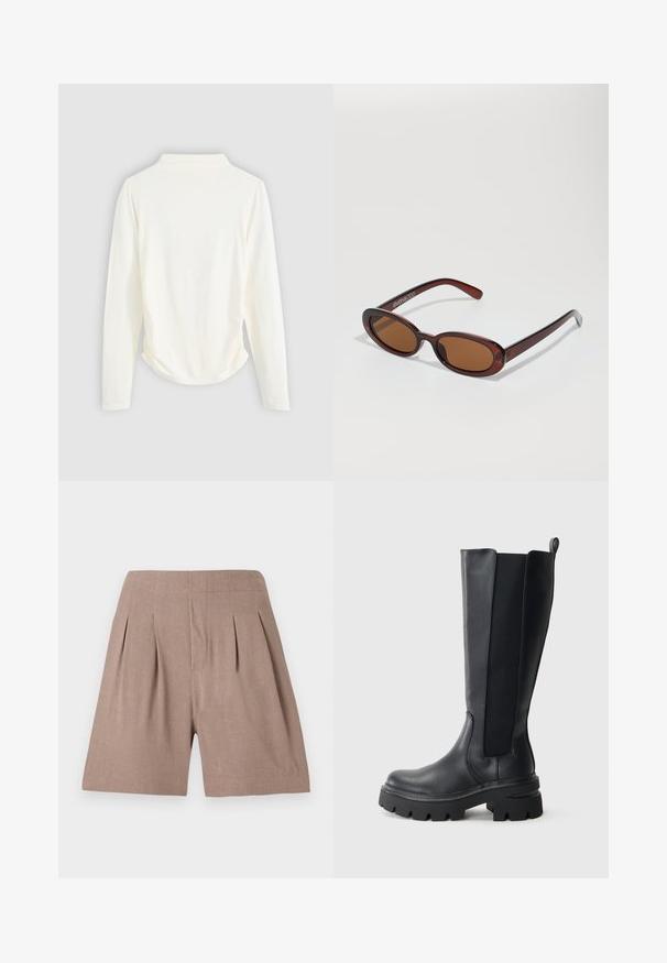 Pitkähihainen paita vaaleassa kankaassa, jossa on lievää kerääntymistä sivuilla ja klassinen kaulus. Sujuva rakenne, yksinkertainen muotoilu.; Ruskeat taitettavat shortsit, jotka on valmistettu kevyestä materiaalista. Ne ovat sileäpintaiset ja hyvin istuvat, sekä niissä on siisti, minimalistinen muotoilu.; Musta polvipituinen saappaat, joissa on sileä nahkapinta ja erottuvat elastiset sivupaneelit. Röyheä kumipohja, jossa on voimakkaat urat.; Pyöreät, ruskehtavat aurinkolasit, joissa on kiiltävä burgundinpunainen runko. Kapeat sivut, joissa on hienovarainen brändäys. Litteät linssit.; Kudottu viininpunainen nahkalaukku, jonka muoto on pyöreä, paksu kahva ja vetoketjulla suljettava aukko. Ominaisuuksiin kuuluu sileä pinta ja kudottu kuvio.