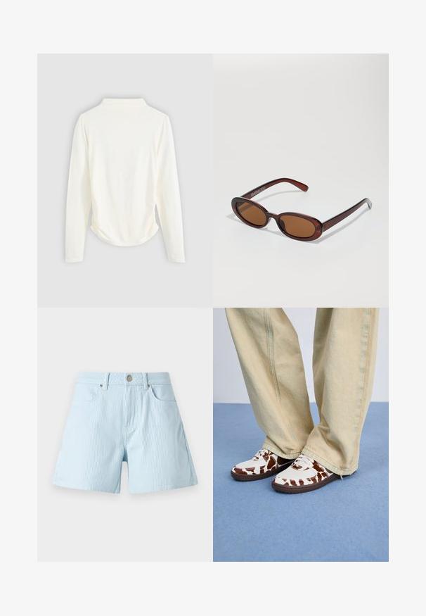 Maglietta a maniche lunghe in tessuto color crema, con una leggera arricciatura sui lati e un colletto classico. Texture liscia, design semplice.; Pantaloni corti a righe azzurro chiaro con vita alta, tasche frontali e chiusura con bottone metallico. Il tessuto presenta una texture morbida e una vestibilità sartoriale.; Sneakers bianchi e marroni con motivo, realizzati in rete e pelle, dotati di suole in gomma marrone. Combinati con pantaloni larghi di un beige chiaro.; Occhiali da sole rotondi con tonalità marrone, montatura lucida color bordeaux. Aste sottili con un sottile dettaglio del marchio. Design delle lenti piatte.; Borsa a tracolla in pelle intrecciata marrone con una forma triangolare morbida. Presenta una maniglia intrecciata e una chiusura con zip lungo la parte superiore.