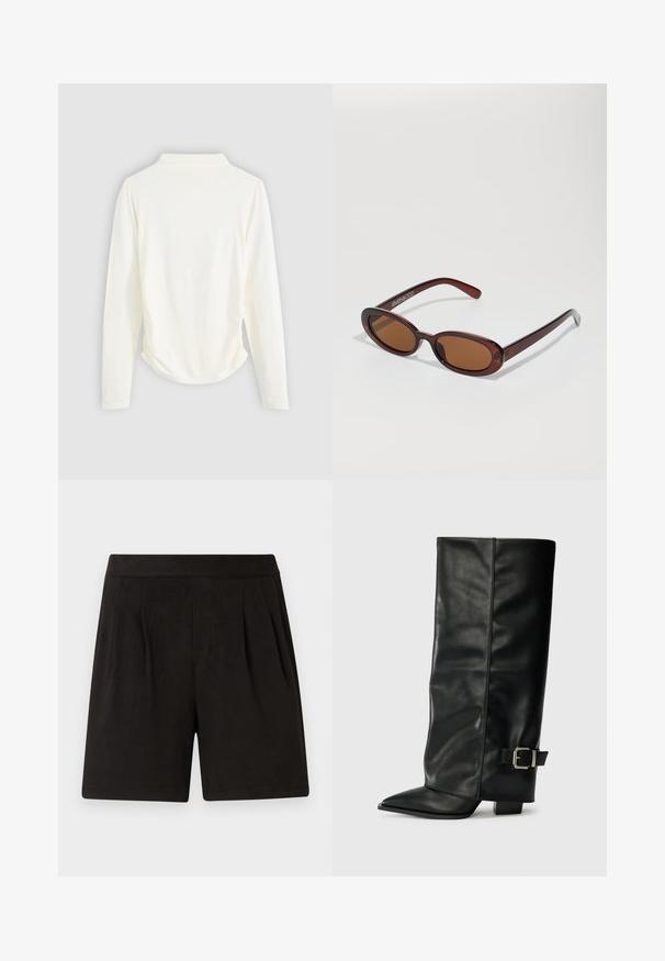 Bluză cu mânecă lungă dintr-un material de culoare crem, cu o ușoară adunare pe laterale și un guler clasic. Textură netedă, design simplu.; Bermude negre dintr-un material moale, cu o textură netedă, talie elastică și un design pliat în față. Simple și lipsite de adornamente.; Botine din piele neagră, până la gleznă, cu vârf ascuțit, textură netedă și un accent cu cataramă argintie pe lateral. Toc pătrat masiv.; Ochelari de soare rotunzi, cu nuanțe de brown și cu un cadru lucios de burgund. Brațe subțiri cu detalii subtile de branding. Design cu lentile plate.