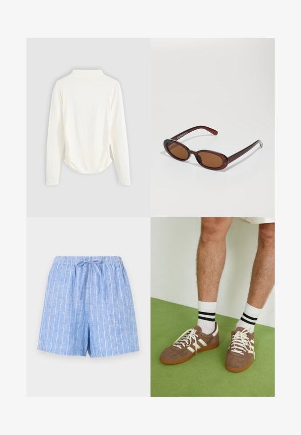 Bluză cu mânecă lungă dintr-un material de culoare crem, cu o ușoară adunare pe laterale și un guler clasic. Textură netedă, design simplu.; Pantaloni scurți din in de culoare bleu deschis, cu dungi verticale albe, talie elastică și un șnur legat în față.; Adidași maro din suede cu accente și șireturi albe. Talpă din cauciuc de culoare caramel. Purtați cu șosete albe cu dungi negre. Pardoseală verde texturată.; Ochelari de soare rotunzi, cu nuanțe de brown și cu un cadru lucios de burgund. Brațe subțiri cu detalii subtile de branding. Design cu lentile plate.; Geantă din piele împletită, de culoare maro, cu o formă triangulară, lejeră. Are un mâner împletit și închidere cu fermoar pe partea superioară.