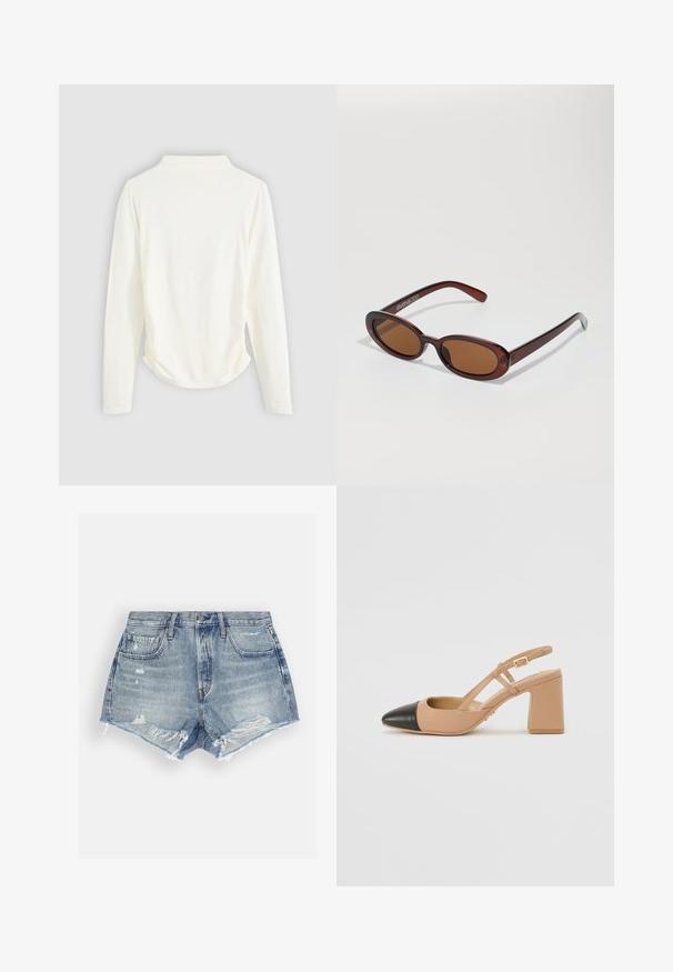 Camisa de manga longa em tecido creme, apresentando um leve franzido nas laterais e um colarinho clássico. Textura suave, design simples.; Calças de ganga curtas em azul claro com um acabamento desgastado. Apresenta bainhas desfiadas e dois bolsos frontais. Fecho com botão na cintura.; Sandal de salto em tom bege com biqueira preta, salto alto quadrado e dois detalhes em tira, feito de material liso.; Óculos de sol redondos, com uma tonalidade castanha e uma armação glossy em bordeaux. Braços finos com um detalhe discreto de marca. Design de lentes planas.