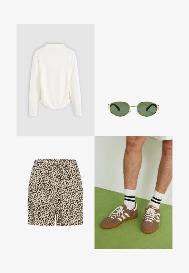Pitkähihainen paita vaaleassa kankaassa, jossa on lievää kerääntymistä sivuilla ja klassinen kaulus. Sujuva rakenne, yksinkertainen muotoilu.; Lyhyet housut leopardinprintillä beigeissä sävyissä mustilla ja ruskeilla pilkkuilla. Varustettu joustavalla vyötäröllä, jossa on säätönyöri. Kevyt materiaali.; Ruske nahkate sneakerit valkoisilla korostuksilla ja nauhoilla. Kumi-gumipohja. Yhdistetty valkoisiin sukkiin, joissa on mustia raitoja. Vihreä teksturoitu lattia.; Kultaiset metallikehyksiset aurinkolasit, joissa on vihreät sävytetyt linssit, soikea muoto, mustat sankaluvat ja kirkkaat nenätyynyt. Siisti, minimalistinen muotoilu.