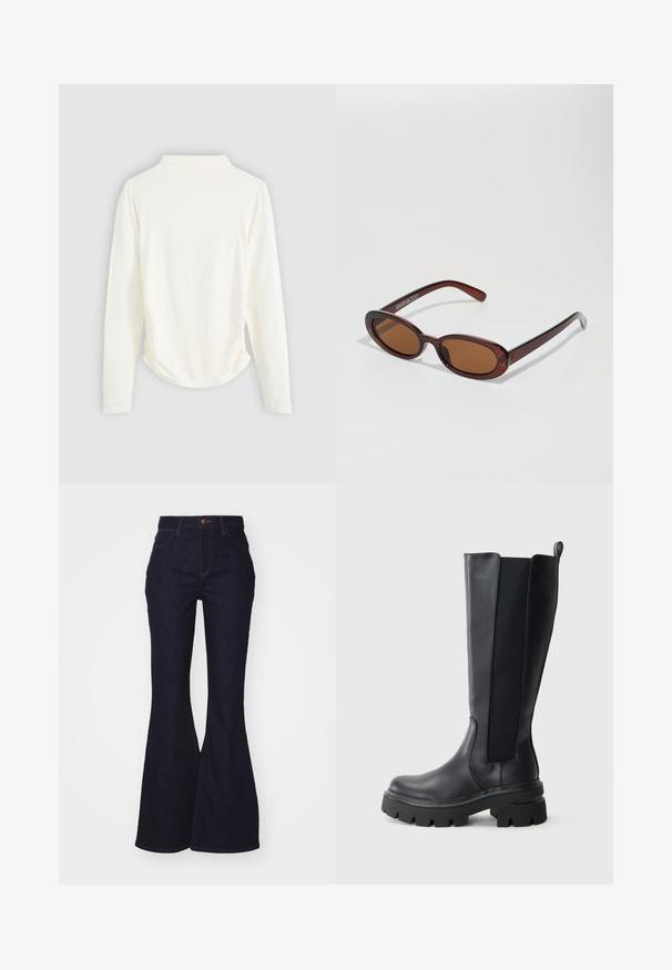 Top de manga larga en tejido color crema, con un ligero fruncido a los lados y un cuello clásico. Textura suave, diseño sencillo.; Jeans acampanados de color azul oscuro, hechos de denim. Diseño de tiro alto con cierre de botón, costuras visibles y una textura suave.; Botas negras hasta la rodilla con un exterior de cuero suave y paneles laterales de elastano en contraste. Suela de goma gruesa con un dibujo pronunciado.; Gafas de sol redondas con tinte marrón y un marco burdeos brillante. Patillas delgadas con un sutil detalle de marca. Diseño de lentes planos.; Bolso de mano de cuero burdeos trenzado con un cuerpo redondeado, asa gruesa y abertura con cremallera. Presenta una textura suave y un patrón entrelazado.