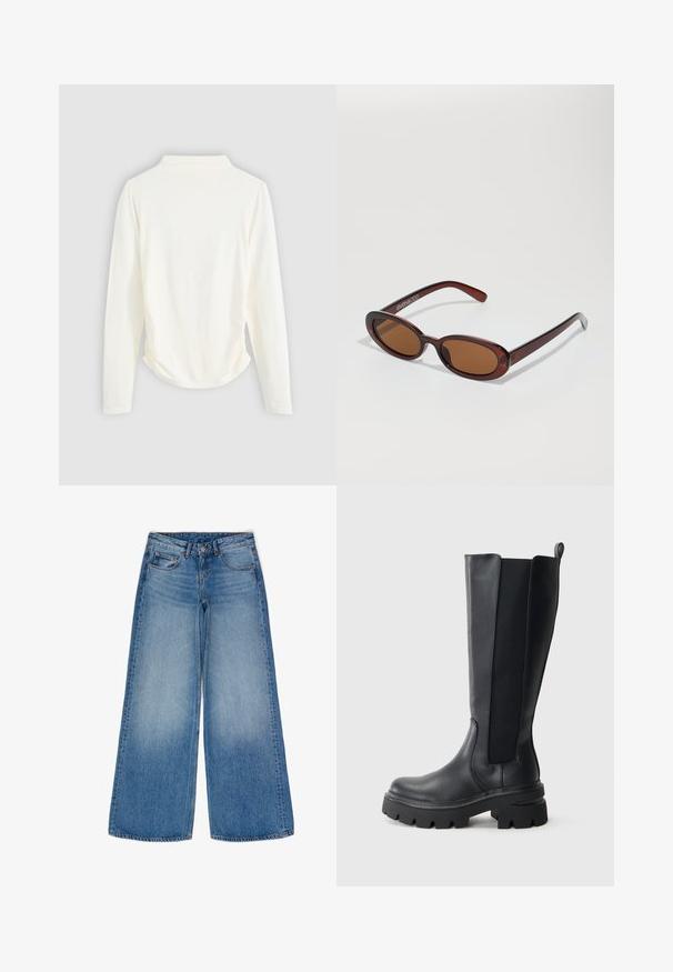 Langärmliges Oberteil aus cremefarbener Stoff, mit leichter Raffung an den Seiten und klassischem Kragen. Sanfte Textur, schlichtes Design.; Weite blaue Jeans mit ausgewaschenem Finish. Verfügt über stabile Taschen, eine hohe Taille und einen klassischen Knopf- und Reißverschluss.; Schwarze kniehohe Stiefel mit einem glatten Lederoberteil und kontrastierenden elastischen seitlichen Einsätzen. Chunky Gummisohle mit ausgeprägtem Profil.; Runde, braun getönte Sonnenbrillen mit einem glänzenden burgunderfarbenen Rahmen. Schlanke Bügel mit dezentem Branding. Flaches Linsendesign.; Geflochtene burgunderfarbene Lederhandtasche mit runder Form, dickem Griff und Reißverschlussöffnung. Sie zeichnet sich durch eine glatte Textur und ein geflochtenes Muster aus.