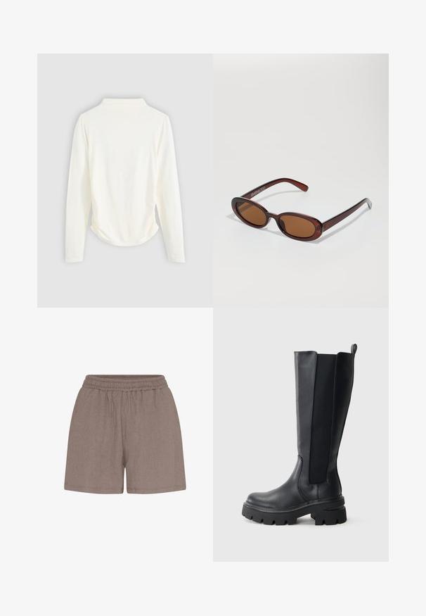 Bluză cu mânecă lungă dintr-un material de culoare crem, cu o ușoară adunare pe laterale și un guler clasic. Textură netedă, design simplu.; Shorts maro, texturat, cu un talie elastică. Prezintă o croială lejeră și o construcție simplă, potrivită pentru îmbrăcătura casual.; Cizme negre până la genunchi, cu un exterior din piele netedă și panouri laterale elastice în contrast. Talpă robustă din cauciuc cu un profil pronunțat.; Ochelari de soare rotunzi, cu nuanțe de brown și cu un cadru lucios de burgund. Brațe subțiri cu detalii subtile de branding. Design cu lentile plate.; Poseta din piele împletită de culoare burgundă, cu un corp rotunjit, mânere groase și deschidere cu fermoar. Prezintă o textură netedă și un model împletit.
