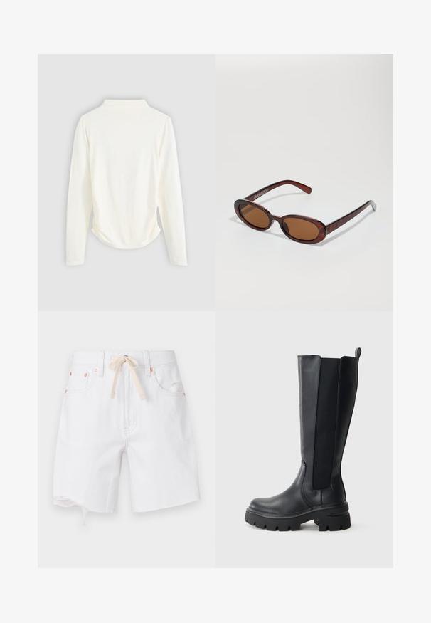 Kreemikollane pikkade varrukatega särk, mille külgedel on kerge kogumine ja klassikaline krae. Sile tekstuur, lihtne disain.; Valged denimpüksid toore äärega, puuvilla ja sünteetika segu. Omavad beeži paela. Varustatud kupartooni riistvaraga ja küljetaskutega.; Mustad kuni põlve ulatuvad saapad, millel on sile nahast välimus ja kontrastsed elastsed külgpaneelid. Paks kummist tald, millel on silmatorkav mustririda.; Ümar, pruunikased päikeseprillid läikiva burgundia raami ja peente kaubamärgi detailidega. Peened sangad ja lame läätsedesain.; Kootud burgundia nahast käekott ümmarguse keha, paksu sangaga ja lukustatud avamisega. Omab sujuvat tekstuuri ja punutud mustrit.