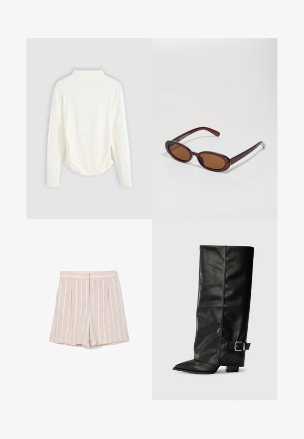Langärmliges Oberteil aus cremefarbener Stoff, mit leichter Raffung an den Seiten und klassischem Kragen. Sanfte Textur, schlichtes Design.; Beige Shorts mit weißen vertikalen Streifen, vorne mit Falten, einem flachen Bund und einer glatten Stoffoberfläche.; Schwarze Lederstiefeletten in Knöchellänge mit spitzem Zehenbereich, glatter Oberfläche und silberner Schnallenakzent an der Seite. Massiver, quadratischer Absatz.; Runde, braun getönte Sonnenbrillen mit einem glänzenden burgunderfarbenen Rahmen. Schlanke Bügel mit dezentem Branding. Flaches Linsendesign.; Casio Quarz-Uhr mit einem rechteckigen silbernen Zifferblatt, goldenen Akzenten und einem zweifarbigen Metallarmband in Silber und Gold. Wasserdicht.