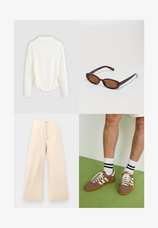 Długi rękaw w kremowym kolorze, z delikatnym marszczeniem po bokach i klasycznym kołnierzykiem. Gładka tekstura, prosty design.; Szerokie spodnie w jasnym beżu, wykonane z teksturowanej tkaniny. Posiadają elastyczny pas z sznurkiem do regulacji. Prosty, nieozdobiony design.; Brązowe zamszowe sneakersy z białymi akcentami i sznurówkami. Gumowa, brązowa podeszwa. Noszone z białymi skarpetkami w czarne paski. Zielona teksturowana podłoga.; Okrągłe, brązowe okulary przeciwsłoneczne z błyszczącą bordową oprawą. Cienkie ramiona z subtelnym detalem marki. Płaski kształt soczewek.; Brązowa torebka skórzana pleciona o luźnym, trójkątnym kształcie. Posiada pleciony uchwyt i zamek błyskawiczny na górze.
