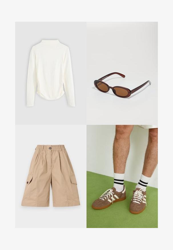 Dugi rukav s majicom od boje krem, s blagim nabráním sa strane i klasičnim ovratnikom. Glatka tekstura, jednostavan dizajn.; Bež krokske kratke hlače s elastičnim pojasom, zatvaranjem na dugme, dva bočna džepa i dva džepa sa poklopcem sa detaljima u obliku dugmeta.; Smeđe nubuk tenisice s bijelim detaljima i vezicama. Gumeni potplat. Nosene s bijelim čarapama s crnim prugama. Zeleno teksturirano pod.; Okvir okruglih, smeđkastih sunčanih naočala s sjajnim burgundskim okvirom. Uski nositelji s suptilnim brendiranjem. Ravna leća.; PULL&BEAR Velika torba - mottled dark brown