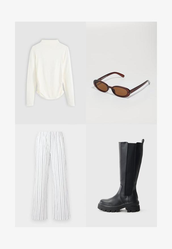 Maglietta a maniche lunghe in tessuto color crema, con una leggera arricciatura sui lati e un colletto classico. Texture liscia, design semplice.; Pantaloni bianchi con strisce verticali blu, realizzati in tessuto leggero. Presentano una vita elasticizzata e gambe larghe e svasate.; Stivali neri al ginocchio in pelle liscia con pannelli laterali elastici a contrasto. Suola in gomma robusta con battistrada pronunciato.; Occhiali da sole rotondi con tonalità marrone, montatura lucida color bordeaux. Aste sottili con un sottile dettaglio del marchio. Design delle lenti piatte.; Borsa a mano in pelle borgogna intrecciata con corpo arrotondato, manico spesso e apertura con cerniera. Presenta una texture liscia e un motivo intrecciato.