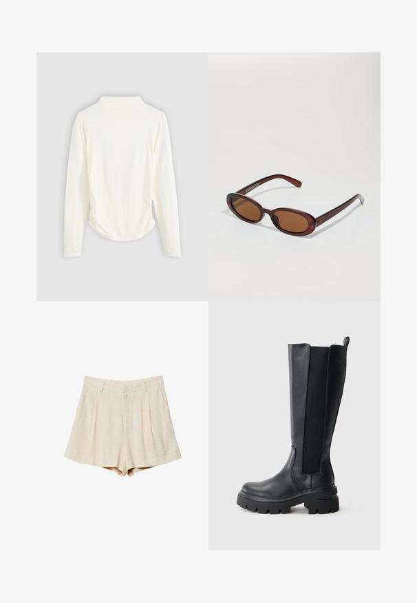 Long-sleeve top in cream-colored fabric, featuring a slight gathering at the sides and a classic collar. Smooth texture, simple design.; Beige linen shorts with pleats, a flat waistband, and side pockets. The fabric has a soft texture and a tailored, straight cut.; Black knee-high boots featuring a smooth leather exterior and contrasting elastic side panels. Chunky rubber sole with pronounced tread.; Round, brown-tinted sunglasses with a glossy burgundy frame. Slim arms with subtle branding detail. Flat lens design.; Woven burgundy leather handbag with a rounded body, thick handle, and zippered opening. Features a smooth texture and interlaced pattern.