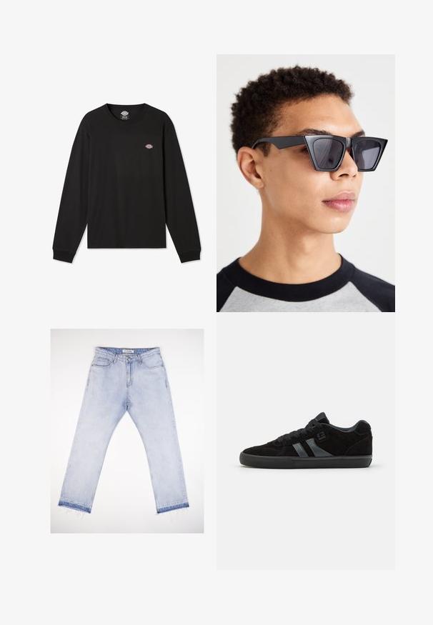 Black long-sleeve t-shirt in cotton, featuring a small multi-colored Dickies logo on the left chest area and ribbed cuffs.; Light blue denim jeans with a straight cut, featuring a high waist, five pockets, and frayed hems at the ankles.; Black suede skate shoes with dark rubber soles, featuring gray side stripes and matching laces, designed for comfort and durability.; Black angular sunglasses with dark lenses, featuring a bold geometric design and a matte finish. Worn by a person with short hair.