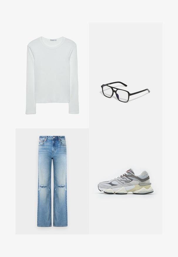 Bijela majica dugih rukava od rebrastog materijala s okruglim izrezom i ravnim donjim rubom. Jednostavan, jednoličan dizajn.; Svijetloplave trapke od denima s visokim strukom, širokim nogavicama, iznosom na koljenima i suptilnim izblijeđenjem kroz cijeli materijal.; Sivi nubuk i mrežasti tenisice s debelim bijelim i bež đonom, s istaknutim bijelim logotipom i crvenim detaljima.; Crne pravokutne naočale s prozirnim lećama i suptilnim ljubičastim nijansama, s elegantnim ručkama i minimalističkim dizajnom.