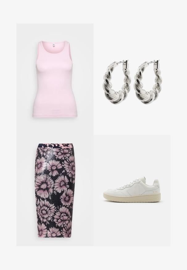 Roza bombažna majica brez rokavov z rebrasto teksturo in klasičnim okroglim izrezom. Majica je oprijeta in brez izstopajočih detajlov.; Cvećasti svilen suknja s crnom podlogom, ukrašena ružičastim i belim cvetnim uzorcima. Napravljena od tkanine sa šljokicama, naglašava teksturu i dizajn.; Bele usnjene športne copate s perforiranim sprednjim delom, kontrastno bež gumijasto podplatom in logotipom na strani in peti. Minimalistična zasnova.; Zavojne srebrne obroče u obliki uhani s sijočo površino, ki imajo pleteno teksturo in zanesljivo zapiranje.