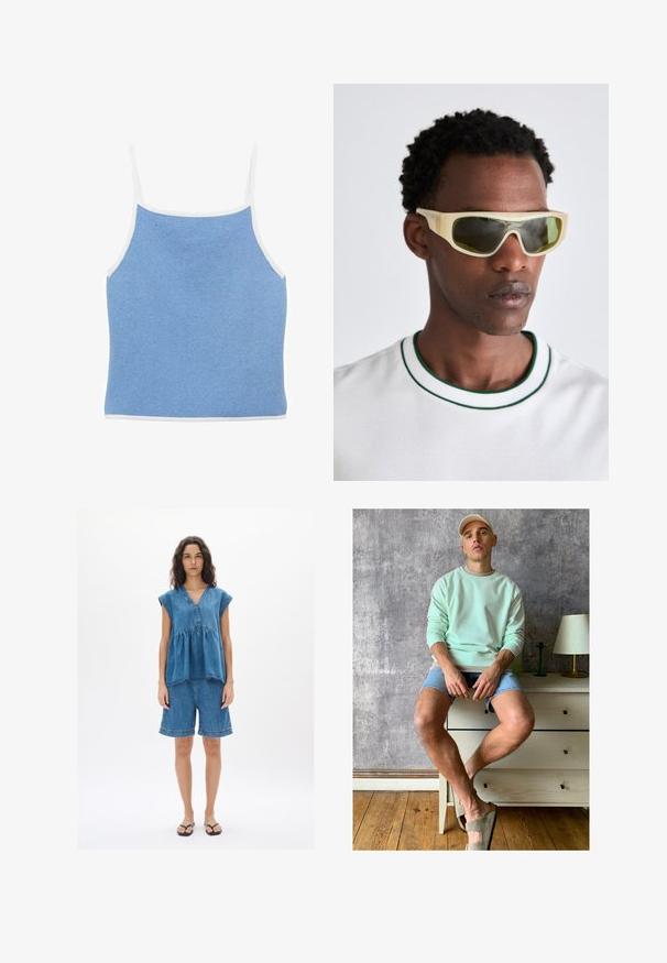 Svetlo modra pletena majica na naramnice z belimi robovi, s tankimi naramnicami in prilegnjenim krojem ter gladko, teksturirano površino.; Denim obleka, ki vključuje kratke rokave, top z V-izrezom in hlače do kolen. Tkanina je modra, s prostim krojem in vidnimi šivi.; Menta zelena majica, jeans kratke hlače in olivno zelene natikače. Sedi na svetlem predalu ob teksturirani sivi steni.; Sončna očala s prozornim rumenim okvirjem in zeleno obarvanimi lečami. Kotna zasnova z širokimi ročaji, nosijo jih s belo srajco, ki ima zelene poudarke.; Tkanina rjava torba za prenašanje z edinstveno zasnovo odprte pletenine, ki ima podolgovato, zaokroženo ročico in mehko teksturo.