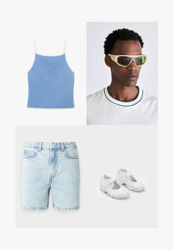 Light blue knit tank top with white trim, featuring thin shoulder straps and a fitted design with a smooth, textured surface.; Light blue denim shorts with a classic cut, featuring five-pocket design, stitched seams, and a button closure.; White athletic shoes featuring a textured upper, adjustable Velcro strap, rounded toe, and a chunky sole with distinct tread pattern.; Sunglasses with a translucent yellow frame and green-tinted lenses. Angular design with wide temples, worn with a white shirt featuring green accents.; Woven brown tote bag with a distinctive open-knit design, featuring an elongated, rounded handle and a soft texture.