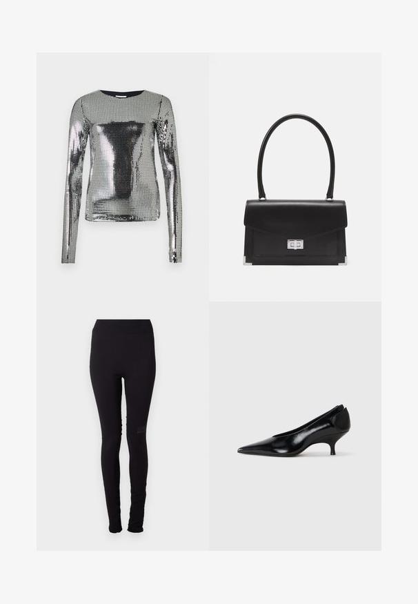 Ezüst hosszú ujjú felső apró, tükröződő flitterekkel borítva, kerek nyakkivágással, testhezálló szabással, sima textúrával és egyenletesen csillogó felülettel.; MM6 Maison Margiela SALOMON PANTS - Leggingek - Nadrágok - deep black; Fekete bőr magassarkú cipő hegyes orral, alacsony sarokkal, letisztult formával és sima textúrával. Slip-on stílusú, látható hardver nélkül.; Fekete bőrtáska strukturált dizájnnal, felső fogantyúval és ezüst csattal. Sarokkiemelésekkel és sima textúrával rendelkezik.