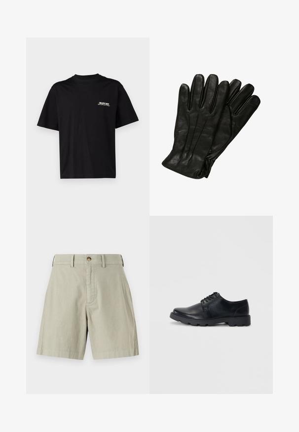 Schwarzes Baumwoll-T-Shirt mit kurzen Ärmeln, Rundhalsausschnitt und Druck auf der linken Brustseite in weißem und goldenem Text, mit einem entspannten Schnitt.; Helle beigem Shorts mit flachem Bund, einem einzelnen Metallknopfverschluss und Gürtelschlaufen. Aus einem weichen Baumwollgemisch mit tailliertem Schnitt gefertigt.; Schwarze Leder-Schnürschuhe mit einer abgerundeten Zehenpartie, einer flachen Gummisohle und dezenten Nahtdetails entlang der Kanten.; Schwarze Lederhandschuhe mit glatter Textur, fünf Fingern und dezenten Nähdetails. Klassisches Design, geeignet für den Einsatz bei kaltem Wetter.