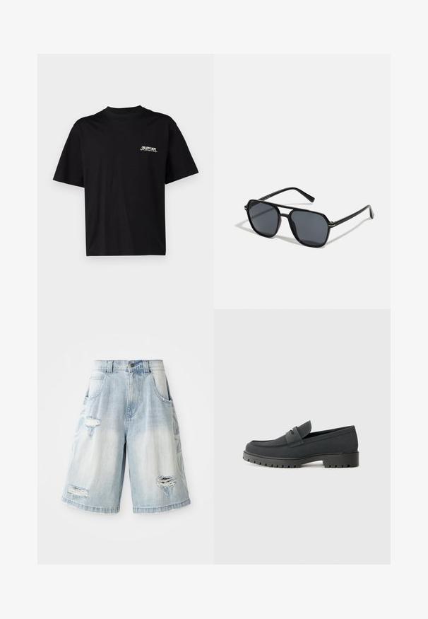 Crna pamukasta majica s kratkim rukavima, okruglim izrezom i printom na lijevoj prednjoj strani u bijelom i zlatnom tekstu, s ležernim krojem.; Kratke traperice u svijetloplavoj boji, s izvaljenim detaljima i rupama. Labav kroj s običnom pasicom i prednjim džepovima.; Crna loafer cipela s glatkom, mat završnom obradom, koja ima zaobljen vrh i debeli, teksturirani đon. Naglašena prednjim remenom.; Crne sunčane naočale s osmerokutnim okvirom, tamnim lećama, sjajnom završnom obradom, tankim plaštem i zlatnim detaljima na prednjem dijelu.