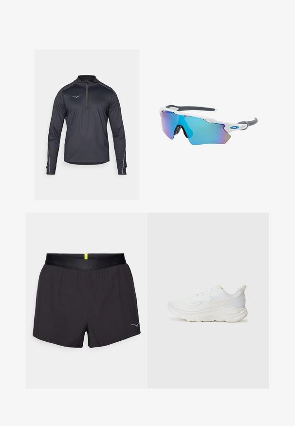 Mustapaita, jossa on pitkät hihat ja neljännesvetoketju korkealla kaulalla. Paita sisältää heijastavia yksityiskohtia ja on valmistettu sileästä, kevyestä kankaasta.; Musta urheilushortsit satin-viimeistelyllä, joustava vyötärö ja heijastava logo alareunassa oikealla. Yksinkertainen muotoilu, kevyt kangas.; Valkoinen juoksukengä, jossa on kuviollinen verkkokangas, paksu pehmustettu pohja ja kohopainettu logo sivussa. Nauhakiristysdesign varmistaa turvallisen istuvuuden.; Aurinkolasit valkoisella muodolla, harmailla yksityiskohdilla ja sinisillä peilipinnoilla. Urheilullinen muotoilu, ympäröivä malli ja säädettävät nenätyynyt.