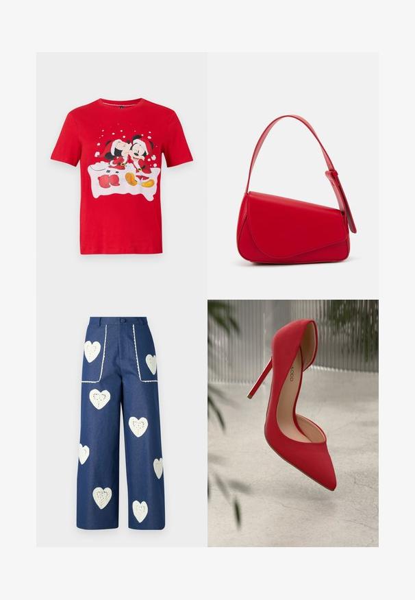 Red short-sleeve shirt with Mickey and Minnie Mouse dressed in Santa outfits, Minnie kissing Mickey on the cheek with snowflake background.; Sister Jane HEART TO HEART - Straight leg jeans - blue denim; Red high-heeled shoe with a pointed toe and smooth suede finish. Features a stiletto heel and a gold accent at the heel base.; Red leather handbag with an angular, geometric design. Features a single adjustable strap and a flap closure with stitched detailing.
